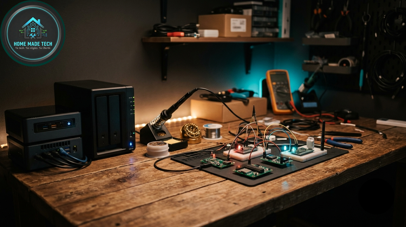 Atelier homelab cosy de nuit : mini-serveur, NAS et capteurs Zigbee en cours de fabrication