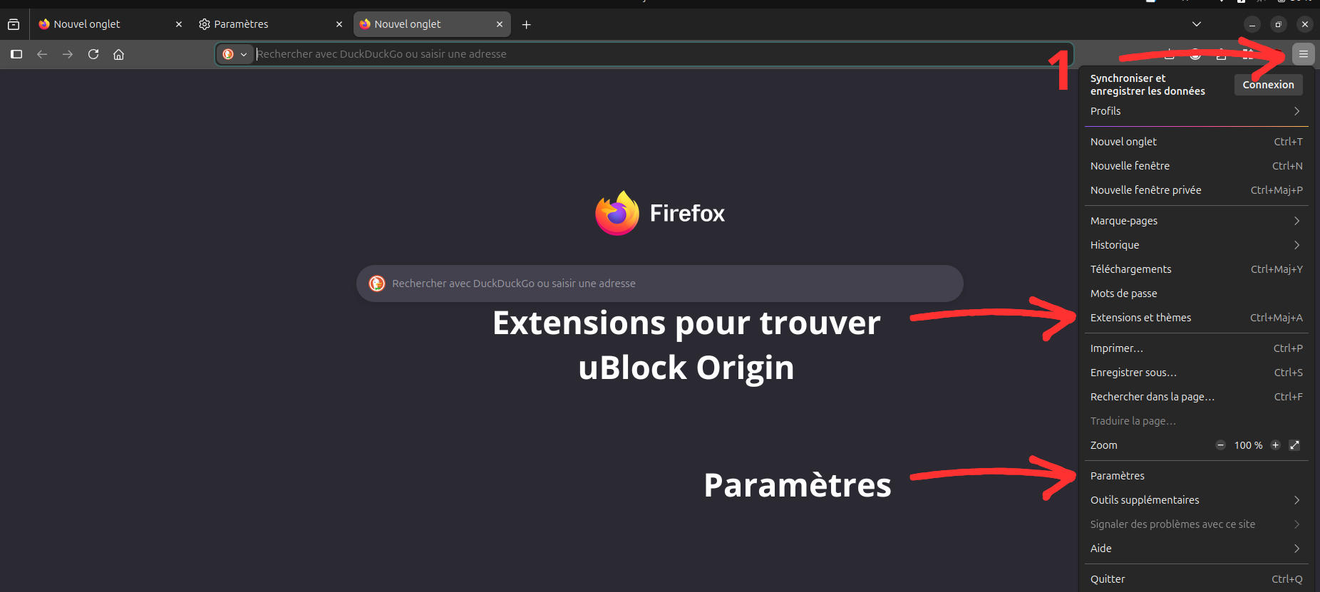 Menu principal de Firefox avec le raccourci vers Extensions et thèmes mis en évidence