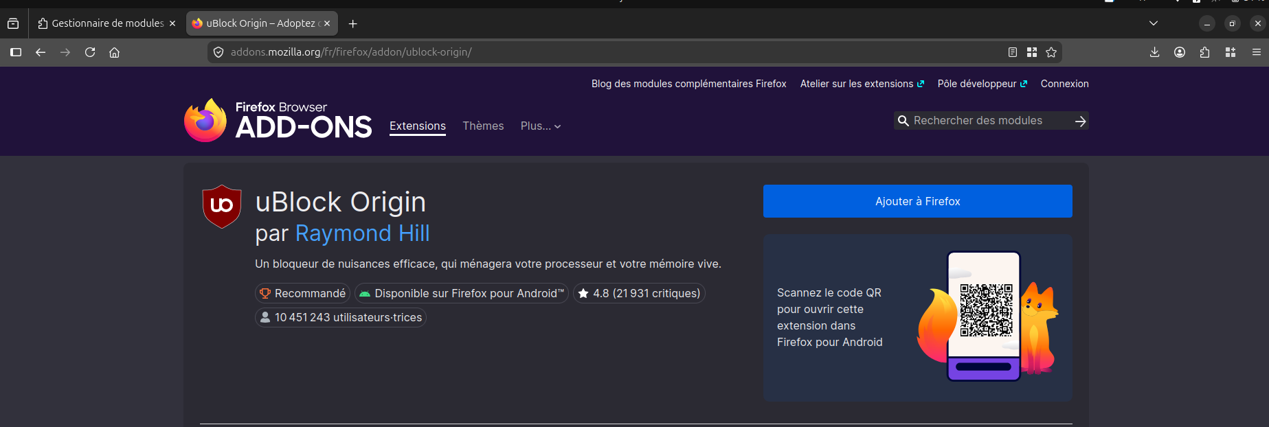 Page addons.mozilla.org de l'extension uBlock Origin avec le bouton Ajouter à Firefox