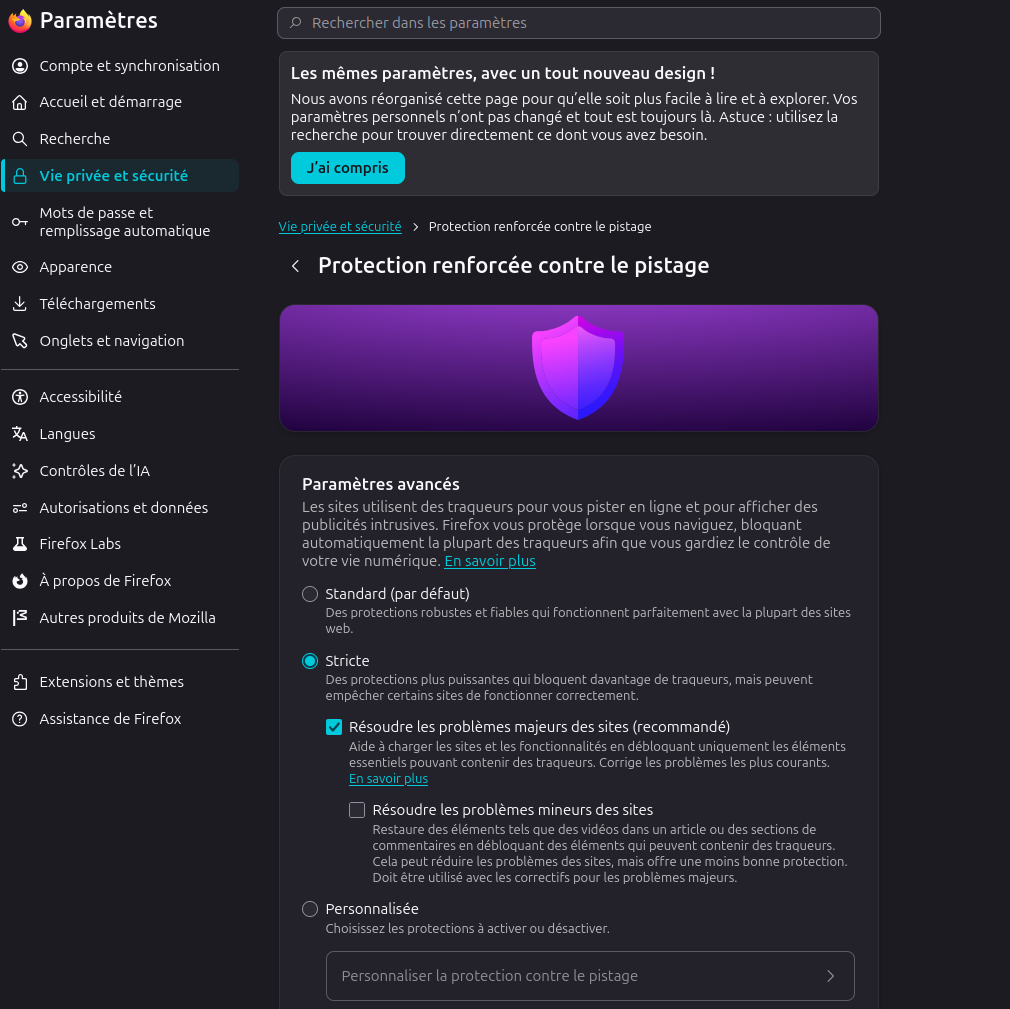 Réglages de vie privée de Firefox avec la protection contre le pistage réglée sur Stricte