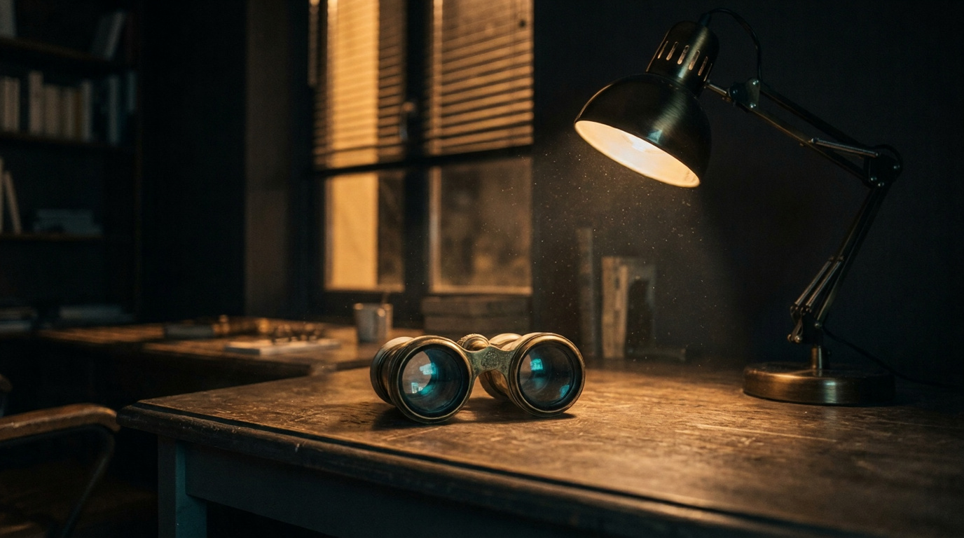 Une paire de jumelles posée sur un bureau, éclairée par une lampe, dans une pièce sombre