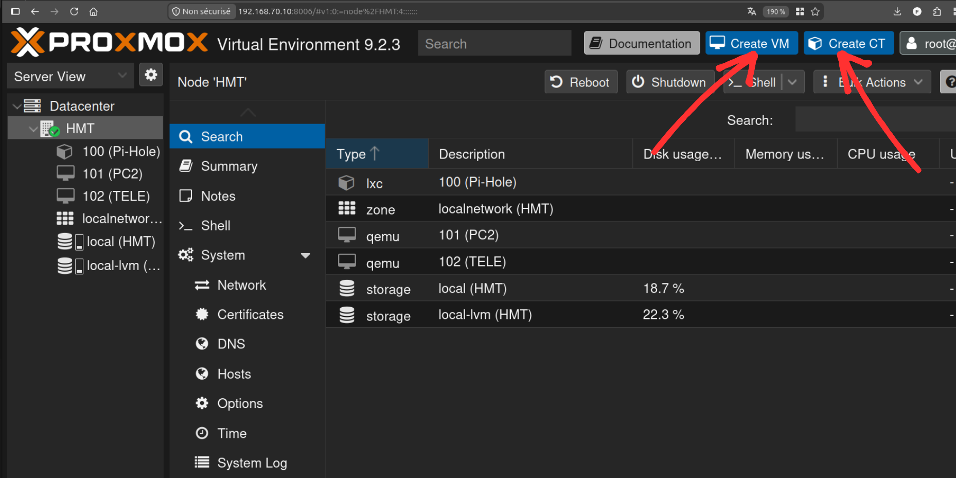 Interface Proxmox avec les boutons Create VM et Create CT en haut à droite