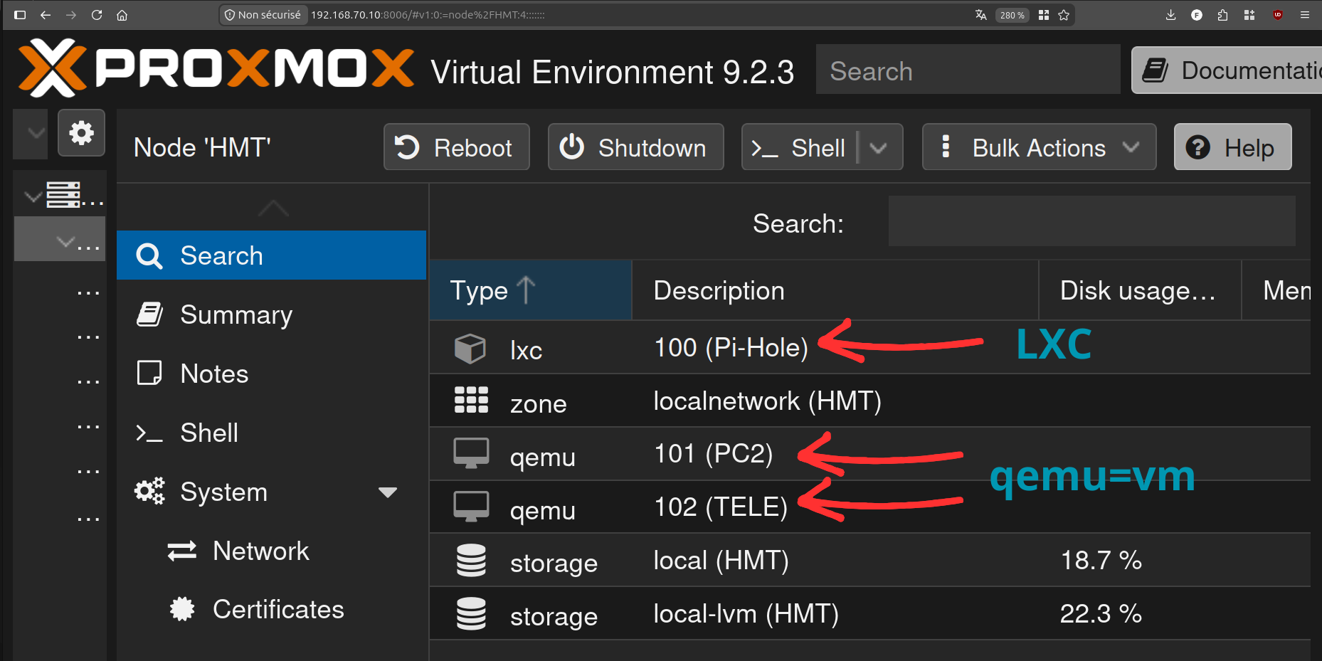 Vue Search du node Proxmox, colonne Type distinguant qemu et lxc