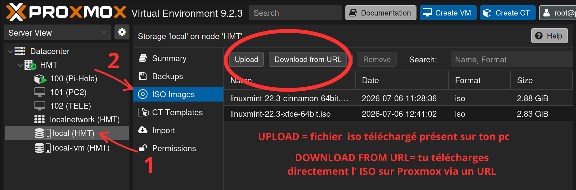 Stockage local, section ISO Images avec les boutons Upload et Download from URL