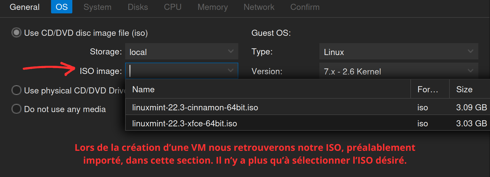 Assistant Create VM, onglet OS avec sélection de l'image ISO