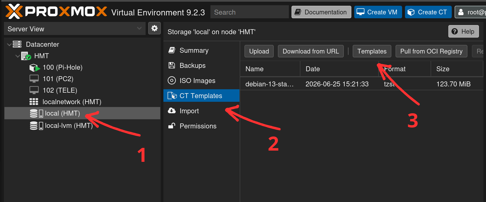 Stockage local, section CT Templates avec le bouton Templates