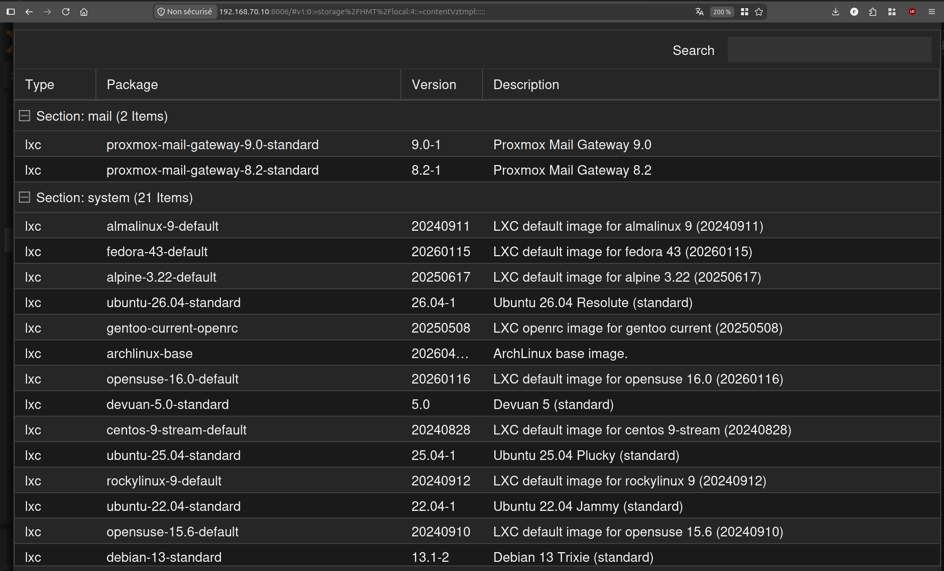 Liste des templates de distributions proposés par Proxmox