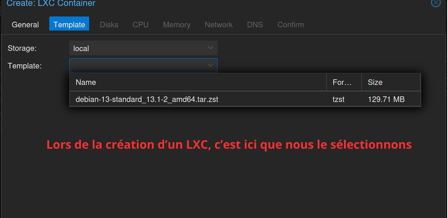 Assistant Create CT, onglet Template avec sélection du template