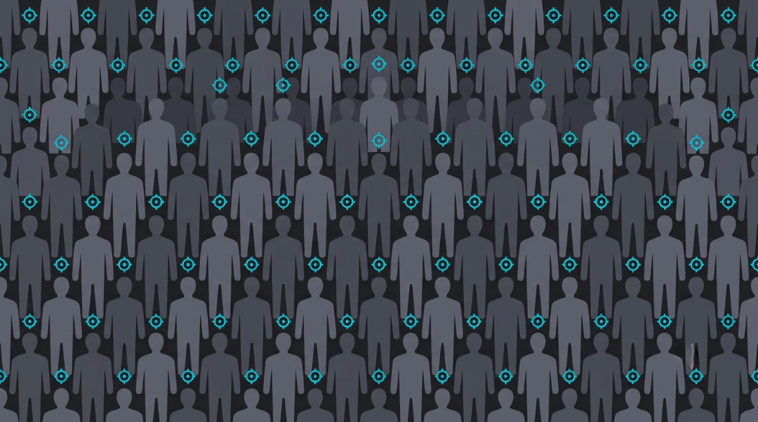 Une foule dense de silhouettes humaines identiques et anonymes, alignées en rangées, chacune surmontée sans exception d'un même marqueur de ciblage cyan. Illustration du renversement de présomption : tout le monde est traité comme suspect par défaut.