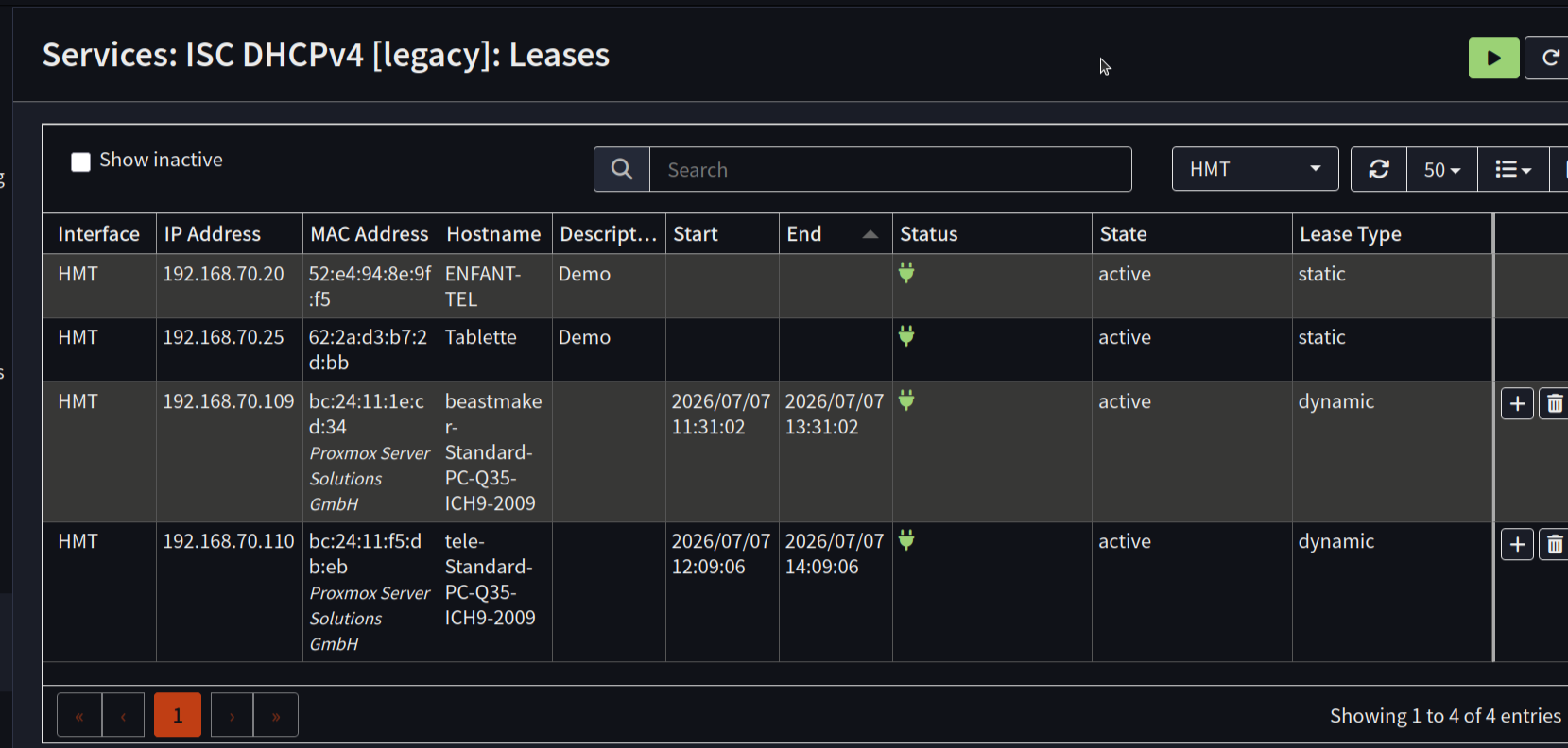 la table des baux DHCP dans OPNsense (Services > ISC DHCPv4 > Leases), les appareils encore en IP dynamique