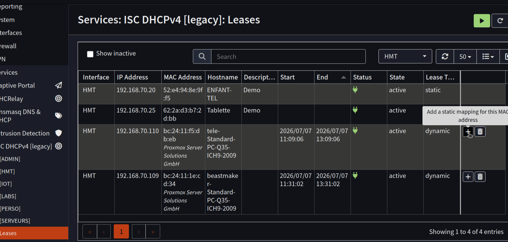 dans la liste des baux, le bouton + « Add a static mapping for this MAC address » à droite de la ligne
