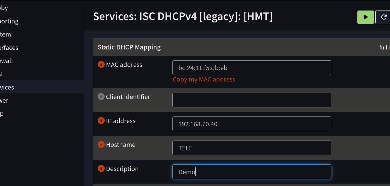 la fenêtre Static DHCP Mapping pré-remplie avec l'adresse MAC ; on saisit l'IP fixe libre