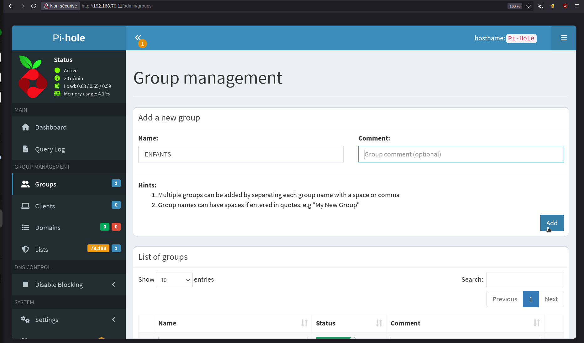 la page Group management, formulaire « Add a new group » avec le nom ENFANTS