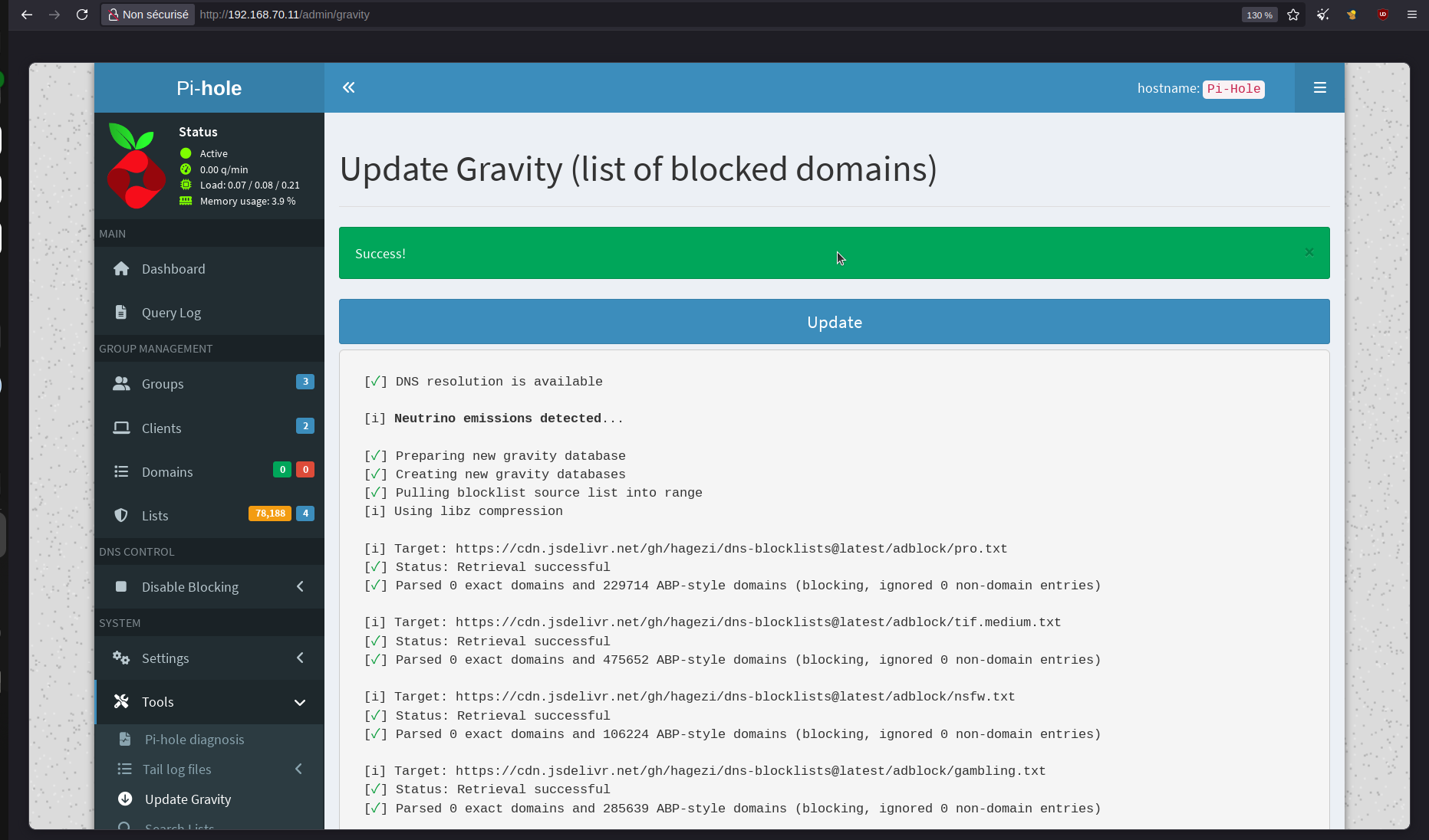 Update Gravity, message Success et le décompte des domaines par liste