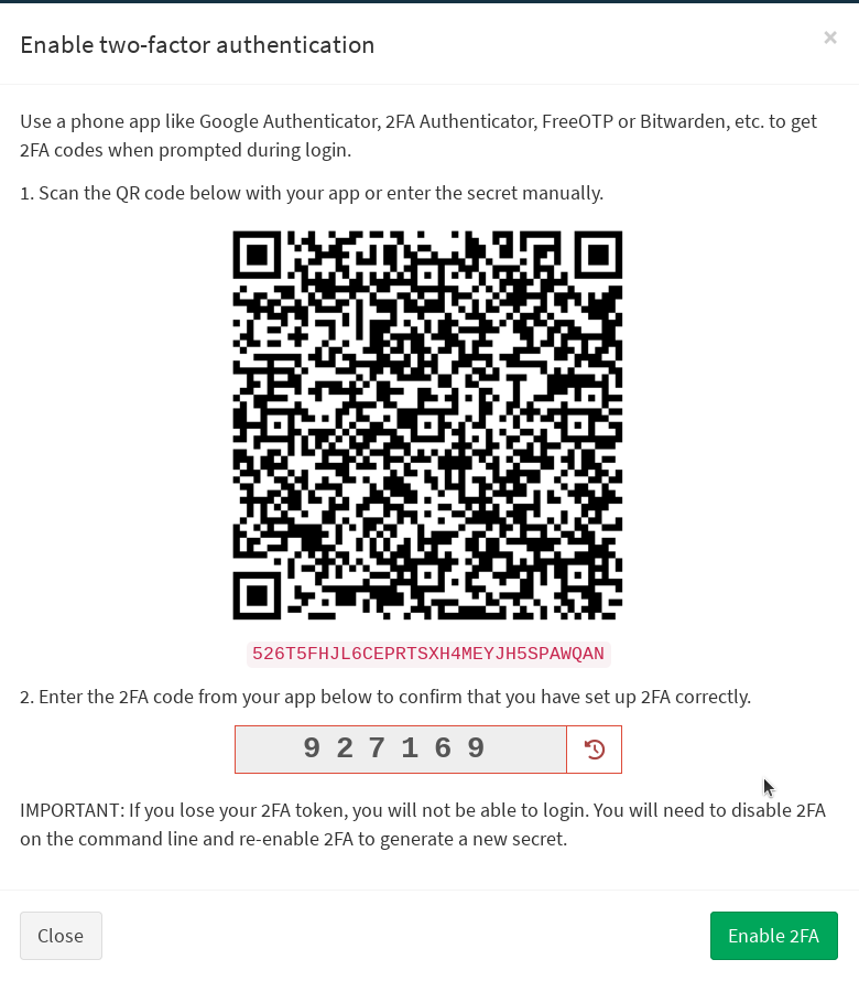 la fenêtre d'activation 2FA — QR code, clé secrète et champ de saisie du code à 6 chiffres.