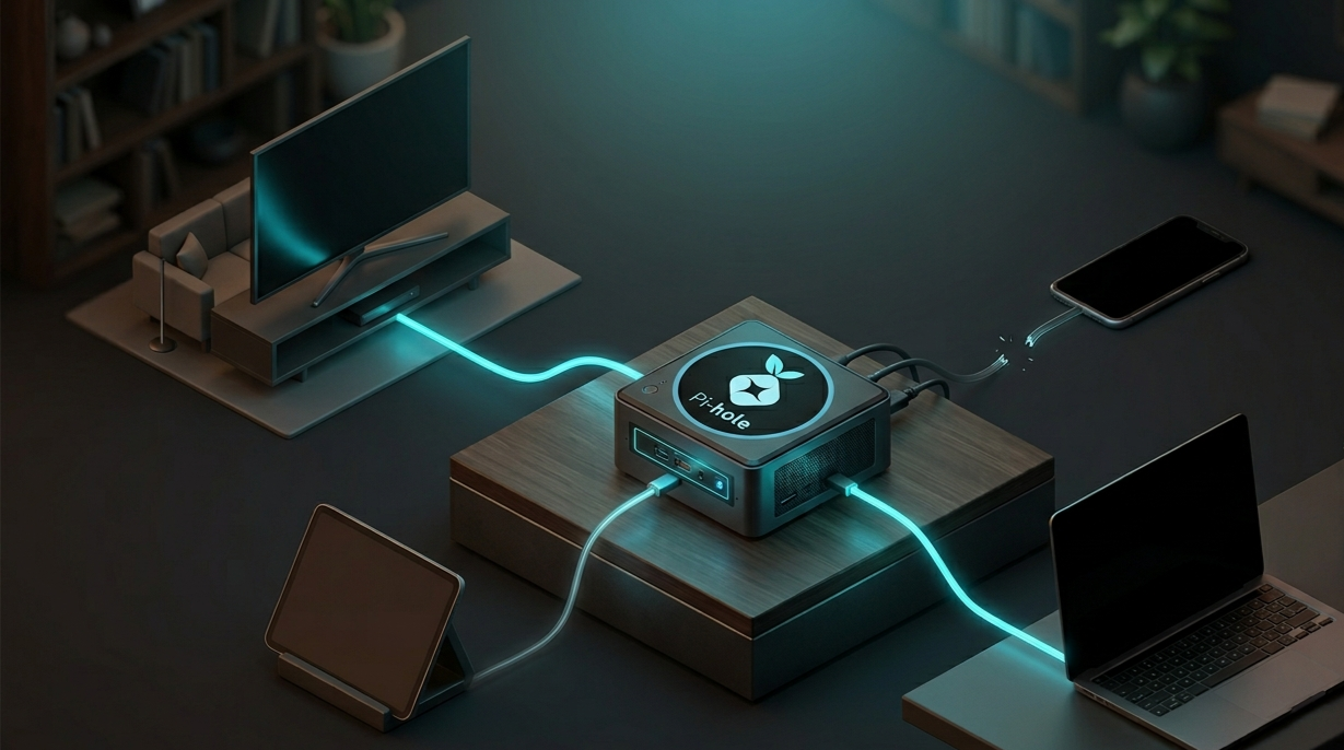 Mini-PC Pi-hole relié par des câbles lumineux à une TV, une tablette, un smartphone et un ordinateur portable