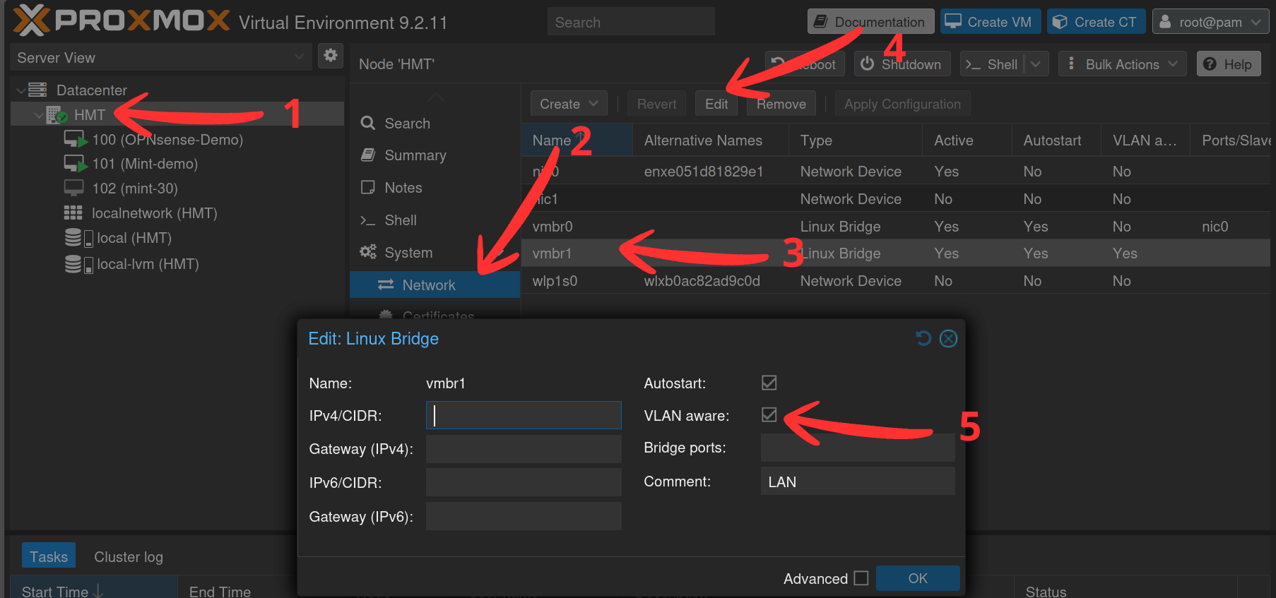Édition du pont vmbr1 dans Proxmox avec l'option VLAN aware cochée
