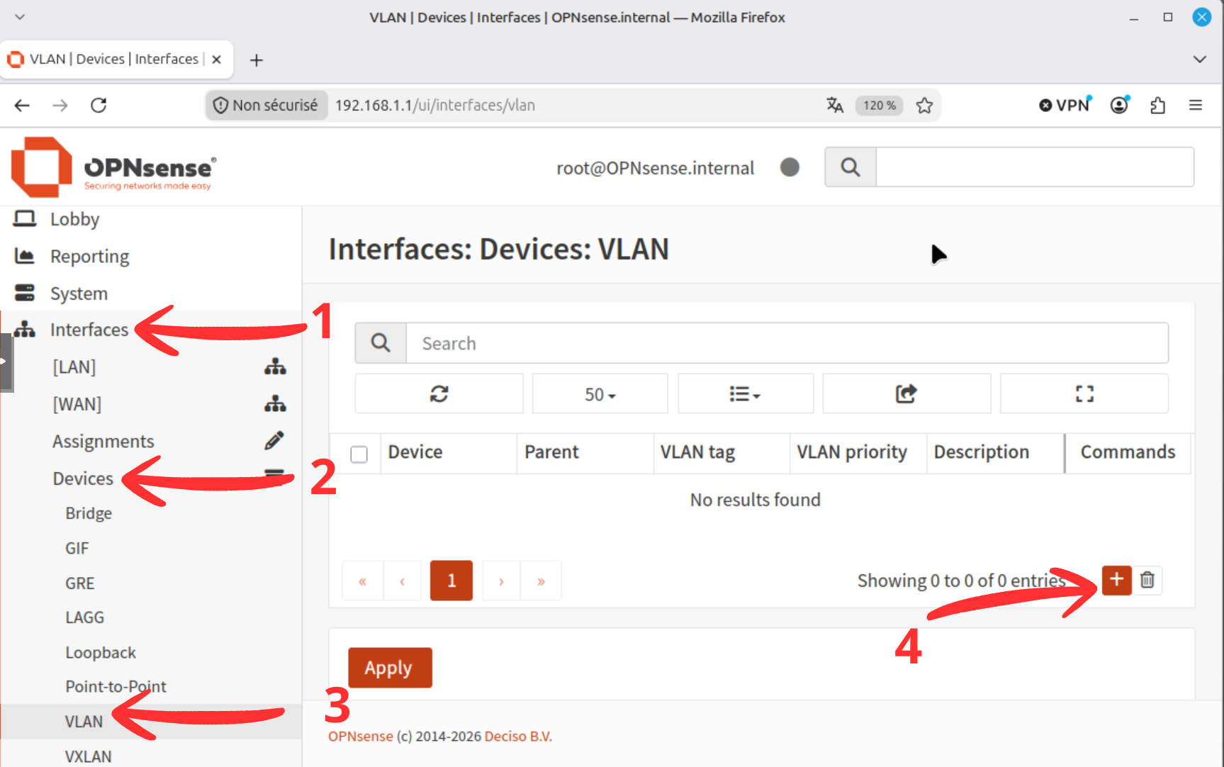 Page Interfaces Devices VLAN d'OPNsense avec une liste vide avant la création du premier VLAN