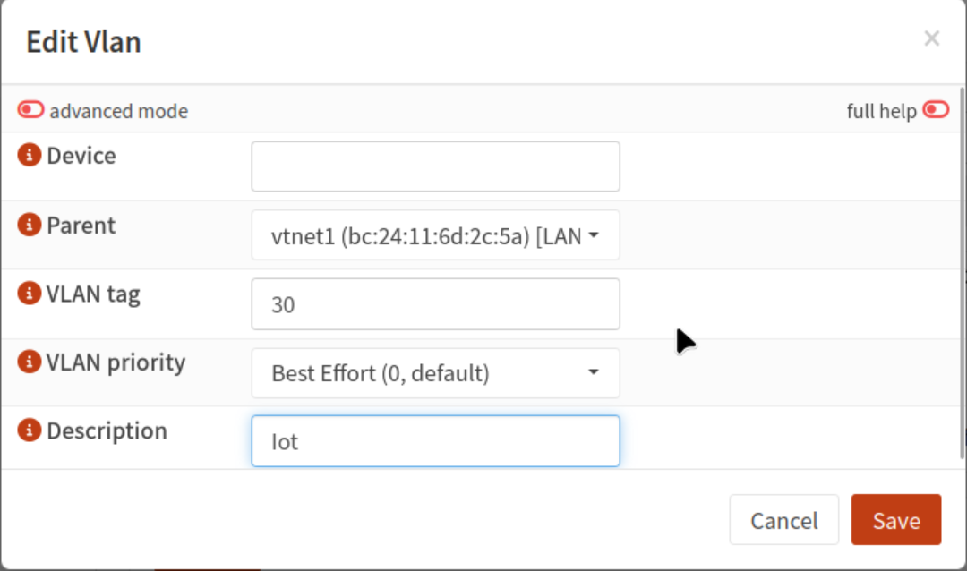 Formulaire de création d'un device VLAN dans OPNsense avec le parent vtnet1, le tag 30 et la description Iot
