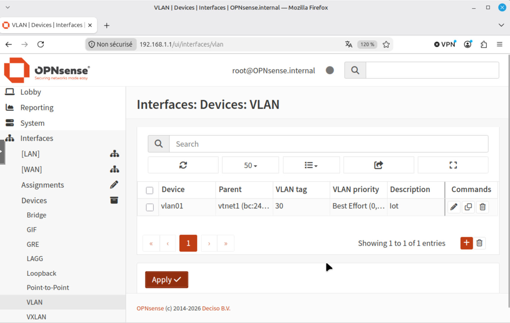 Le device VLAN vlan01 créé apparaît dans la liste des VLAN d'OPNsense avec son parent et son tag