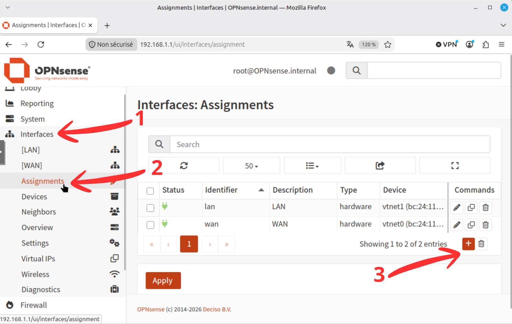 Page Assignments d'OPNsense montrant les interfaces WAN et LAN déjà en place avant l'ajout du VLAN