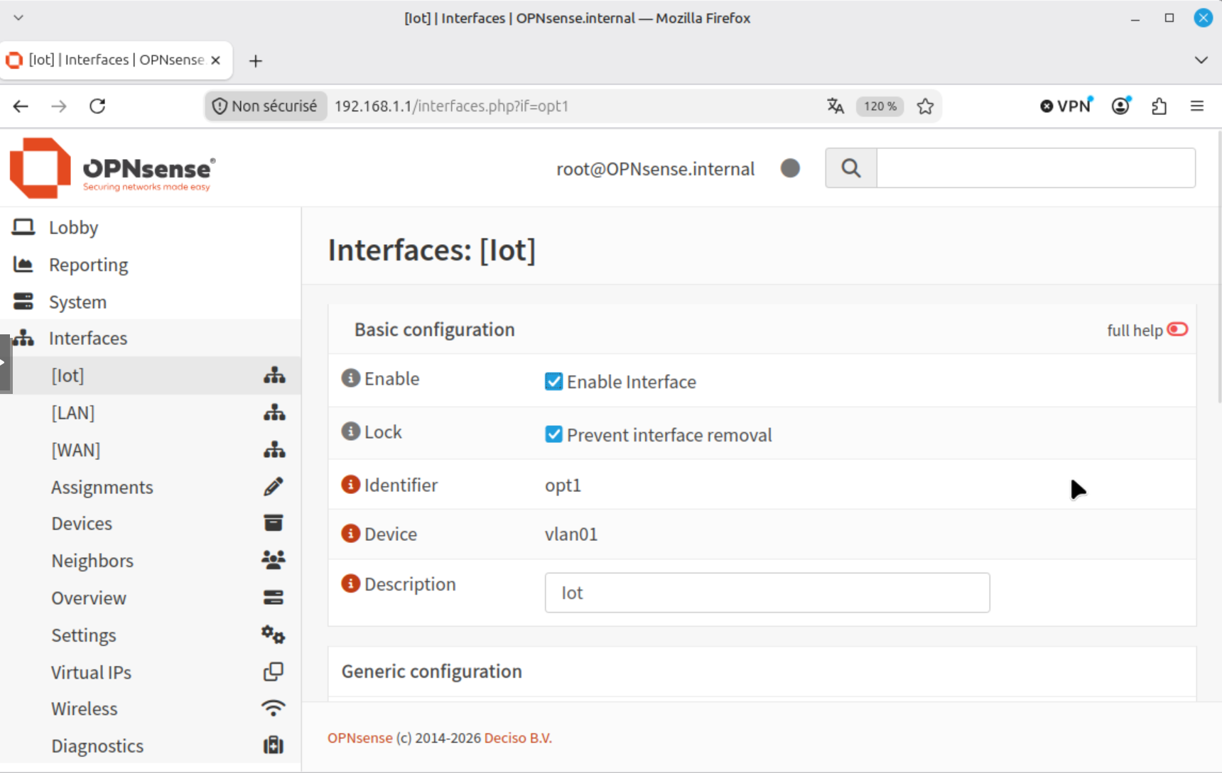 Configuration de base de l'interface Iot dans OPNsense avec la case Enable interface cochée et la description renseignée