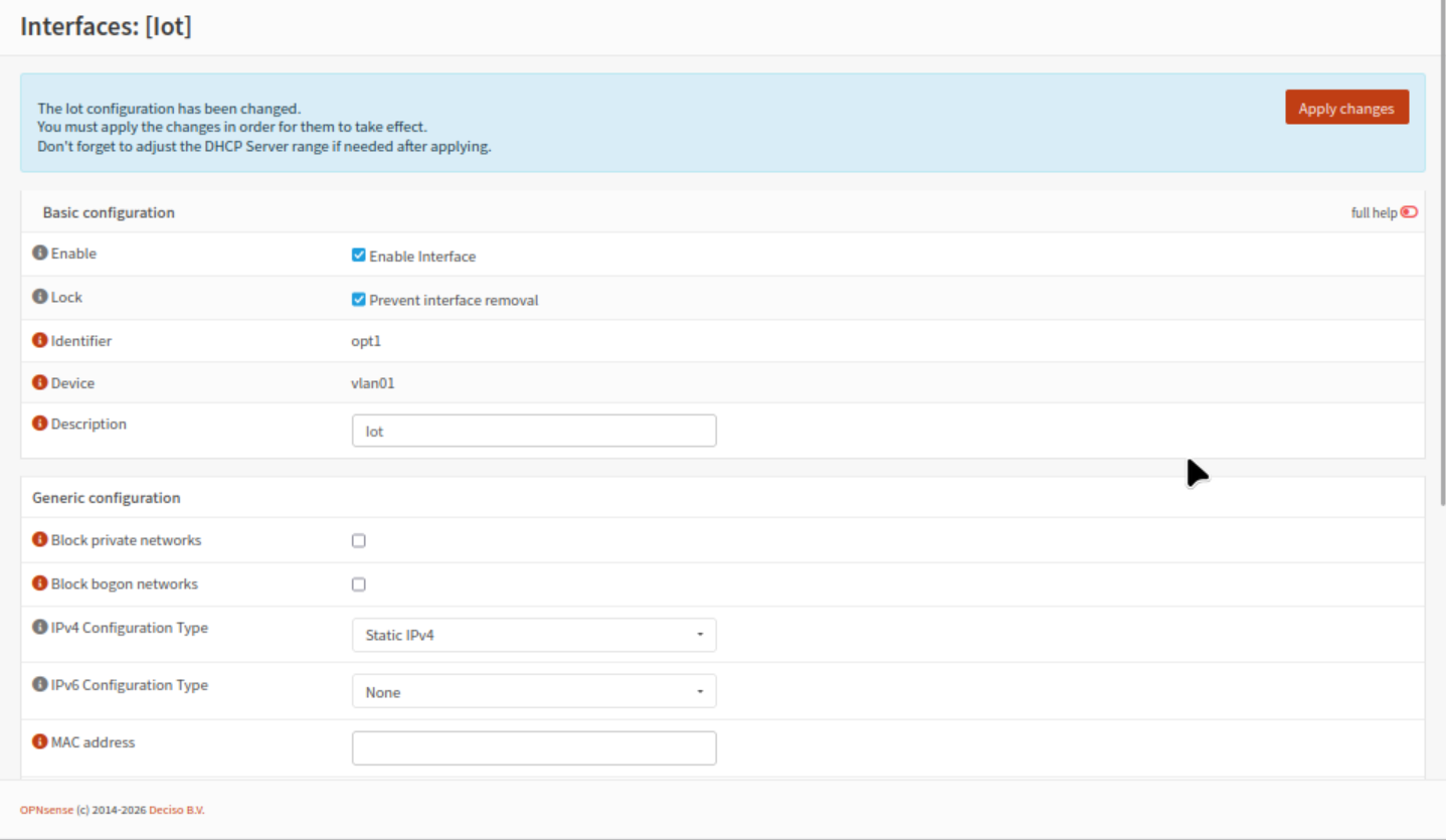 Section Static IPv4 configuration de l'interface Iot avec l'adresse 192.168.30.1 en /24