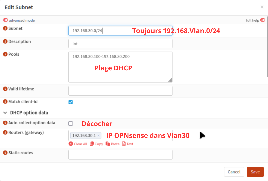 Formulaire de création du sous-réseau Kea pour l'IoT, avec le réseau 192.168.30.0/24, le pool d'adresses et la case Auto collect option data décochée