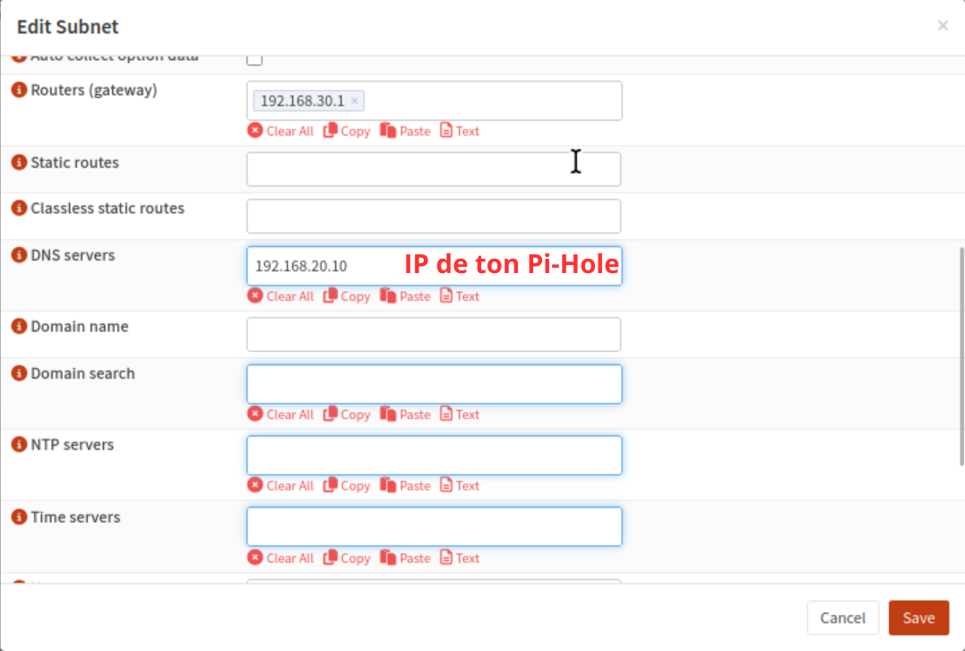 Partie basse du formulaire du sous-réseau Kea, avec les champs Routers en 192.168.30.1 et DNS servers en 192.168.20.10 renseignés