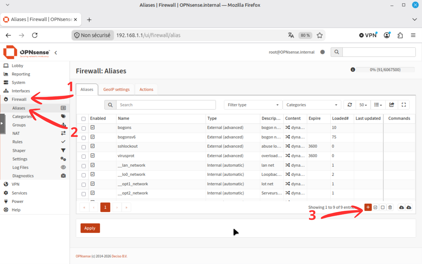 Page Firewall Aliases d'OPNsense avant l'ajout de l'alias des réseaux privés