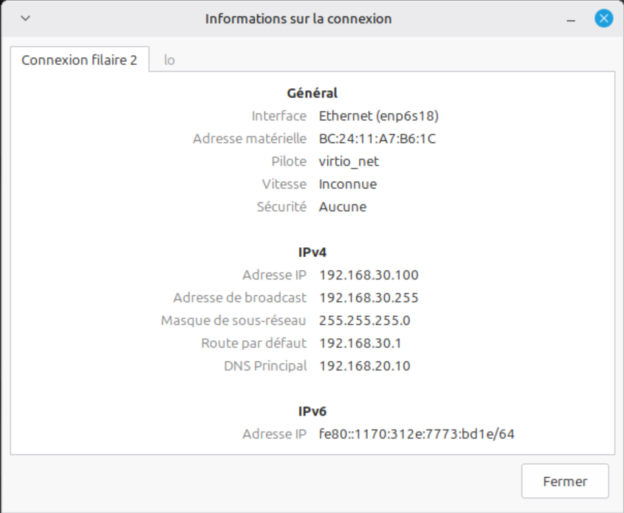 Informations de connexion réseau de la machine témoin, avec son adresse en 192.168.30.100, sa passerelle en 192.168.30.1 et son DNS en 192.168.20.10