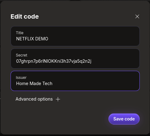 Le champ Secret dans Proton Authenticator : c'est le seed