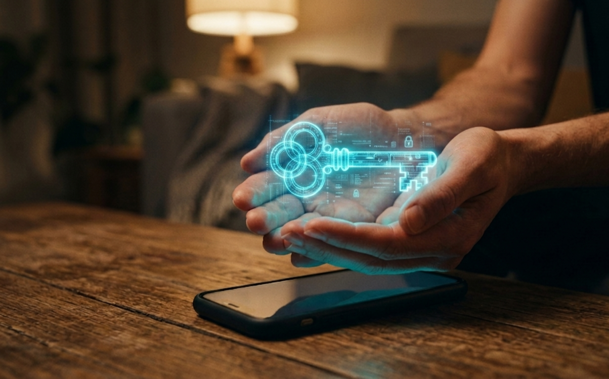 Clé holographique cyan tenue dans les mains