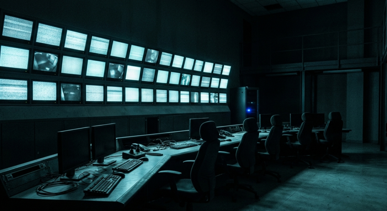 Salle de contrôle de sécurité déserte, écrans de surveillance allumés dans la pénombre
