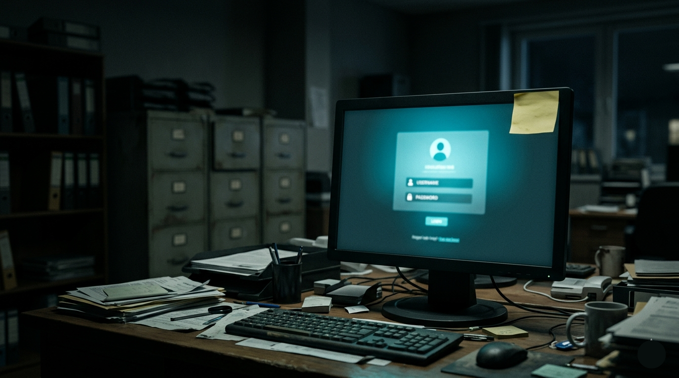 Salle de contrôle de sécurité déserte, écrans de surveillance allumés dans la pénombre