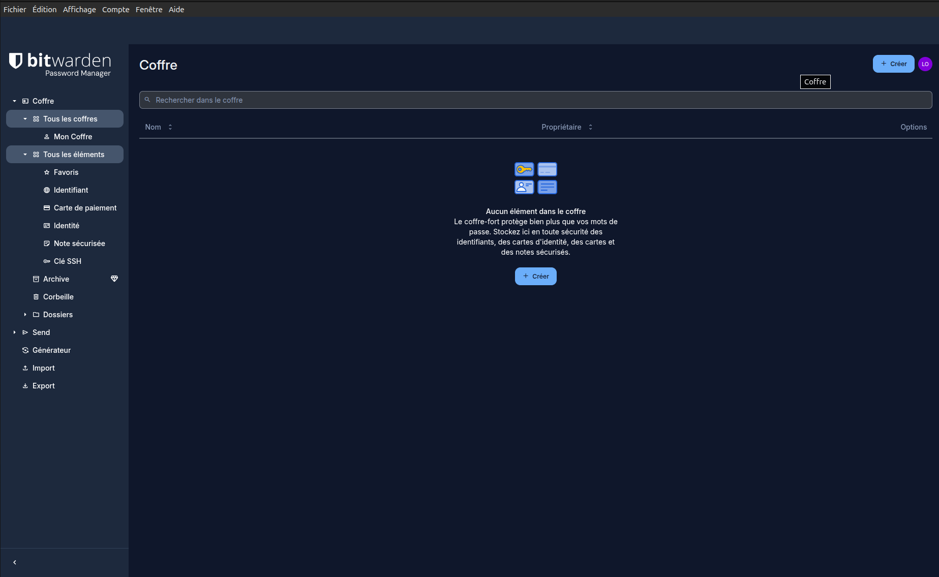Interface de Bitwarden avec un coffre de démonstration