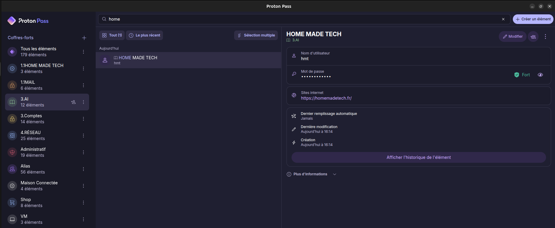 Interface de Proton Pass avec un coffre de démonstration