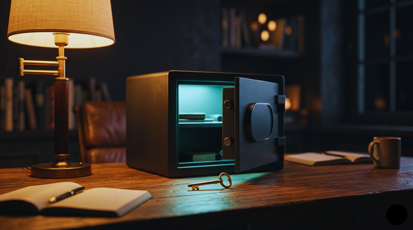 Petit coffre-fort ouvert sur un bureau en bois, une clé posée devant, éclairé par une lampe