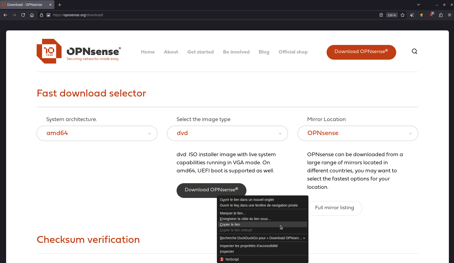 Page de téléchargement officielle d'OPNsense avec l'architecture amd64 et le type d'image dvd sélectionnés