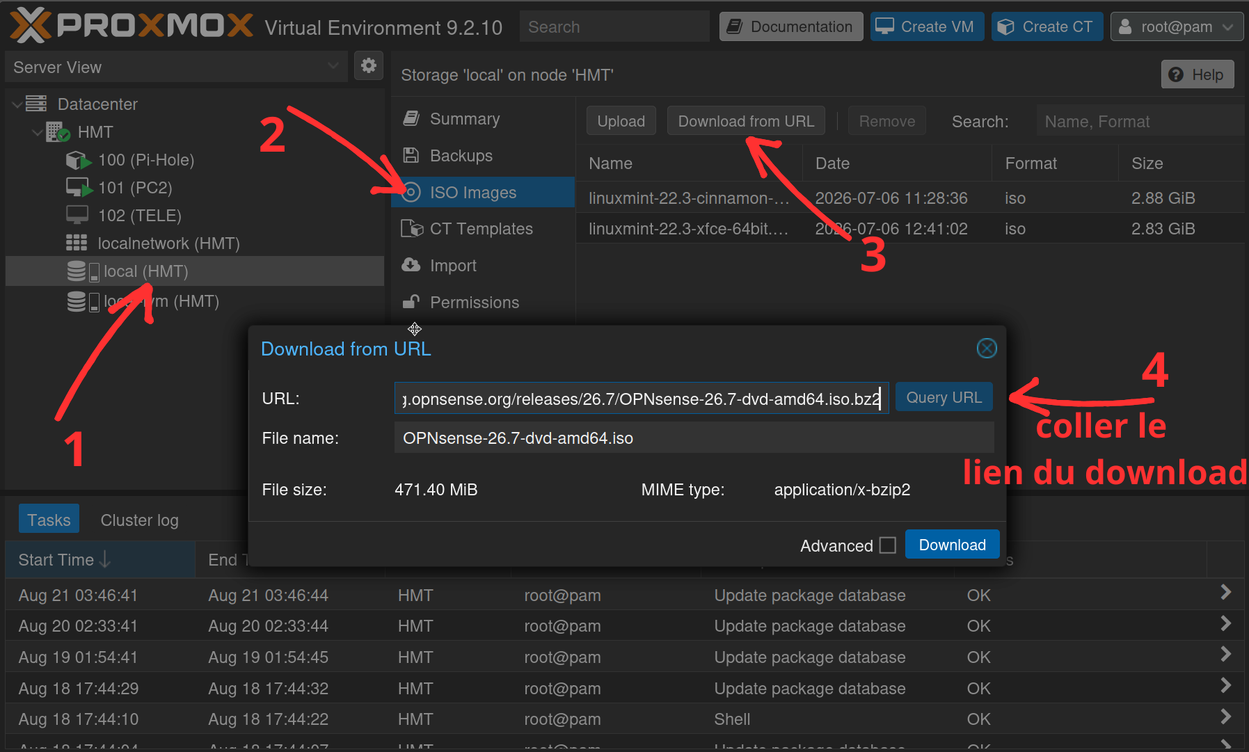 Fenêtre Download from URL de Proxmox avec l'adresse de l'ISO OPNsense collée et les informations du fichier récupérées