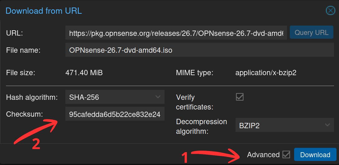 Options avancées de la fenêtre Download from URL avec l'algorithme SHA-256, la somme de contrôle renseignée et la décompression BZIP2