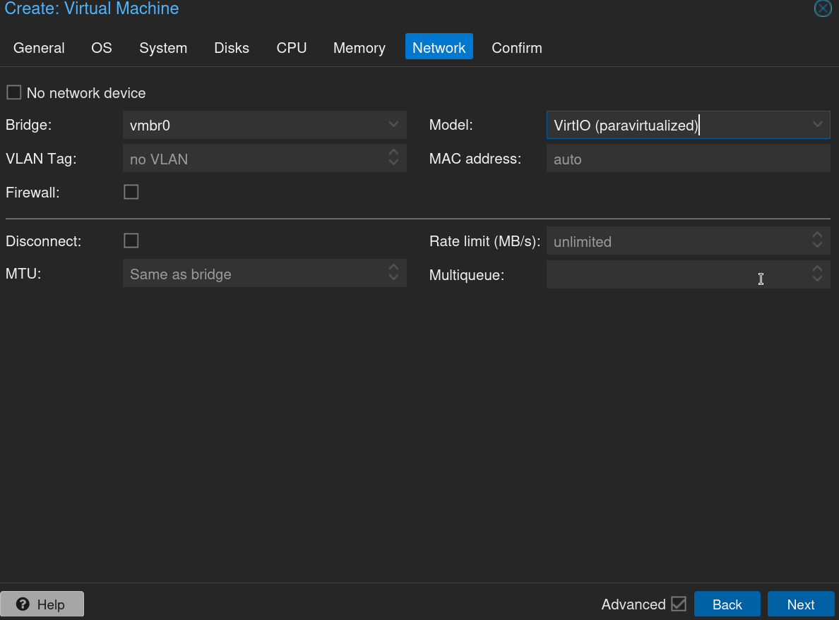 Onglet Network de la création de VM avec le pont vmbr0, le modèle VirtIO et la case Firewall décochée