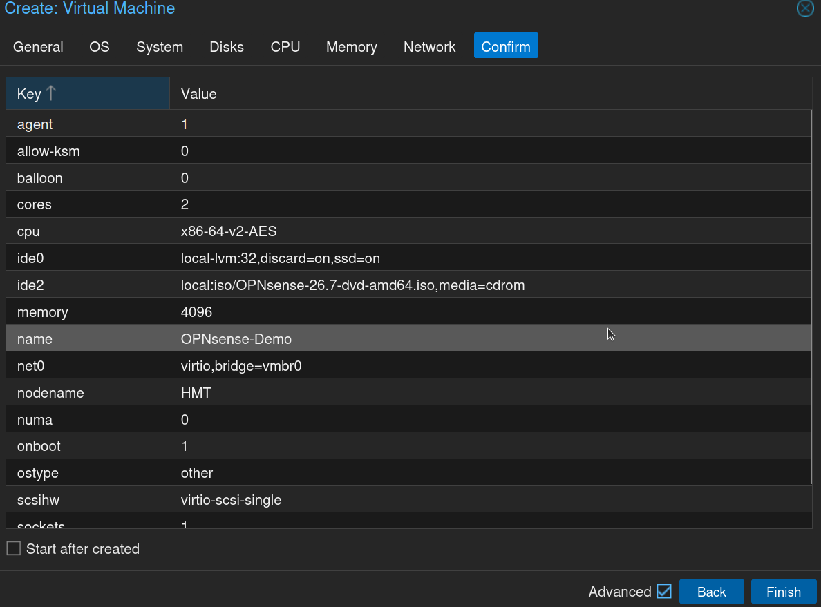Onglet Confirm de la création de VM Proxmox affichant le récapitulatif complet des paramètres