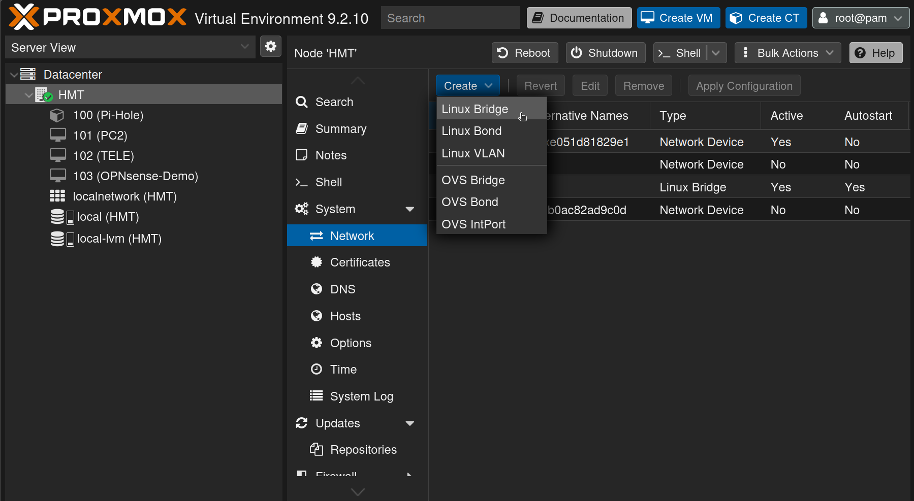 Menu Create du panneau réseau de Proxmox avec l'option Linux Bridge sélectionnée