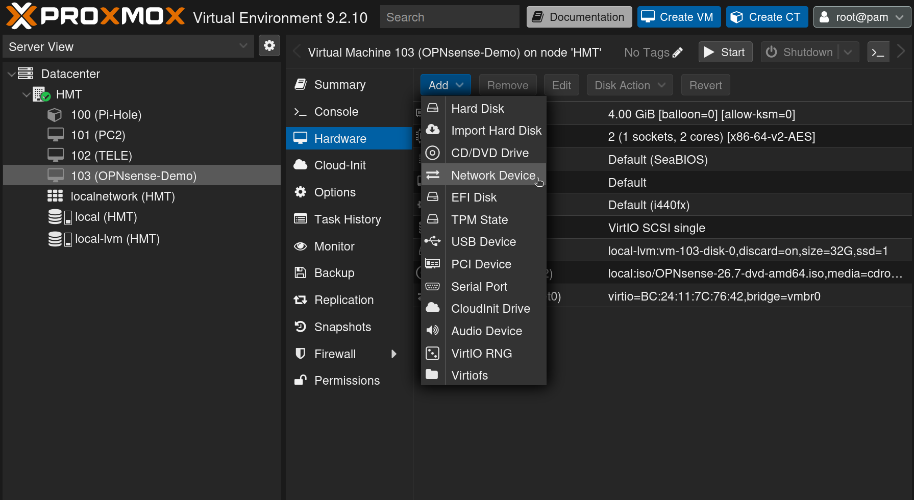 Menu Add de l'onglet Hardware d'une VM Proxmox avec l'option Network Device