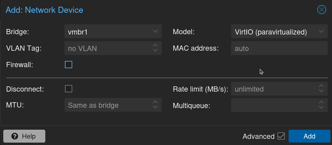 Fenêtre d'ajout d'une interface réseau sur le pont vmbr1 en modèle VirtIO avec la case Firewall décochée