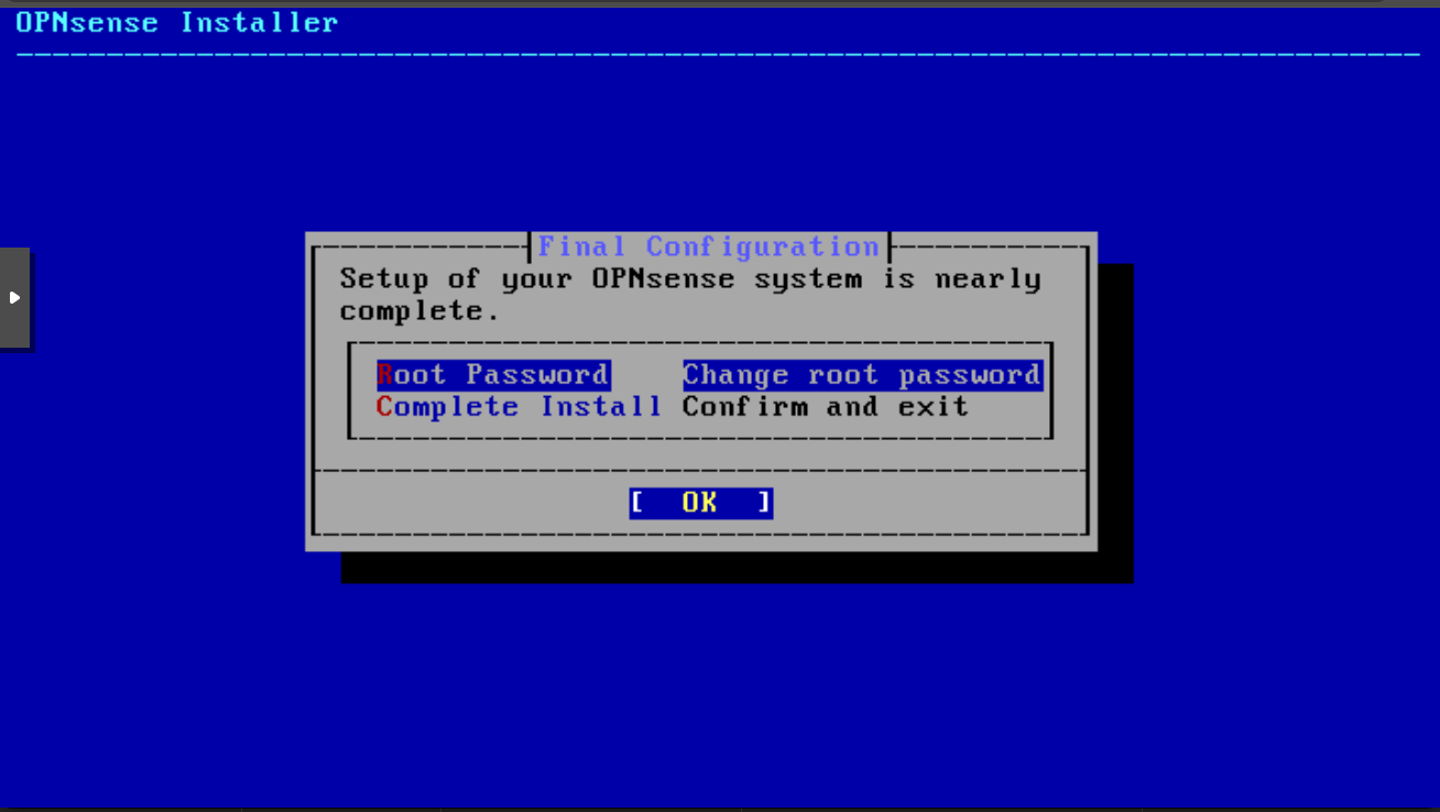Menu de configuration finale de l'installeur OPNsense avec l'option de changement du mot de passe root