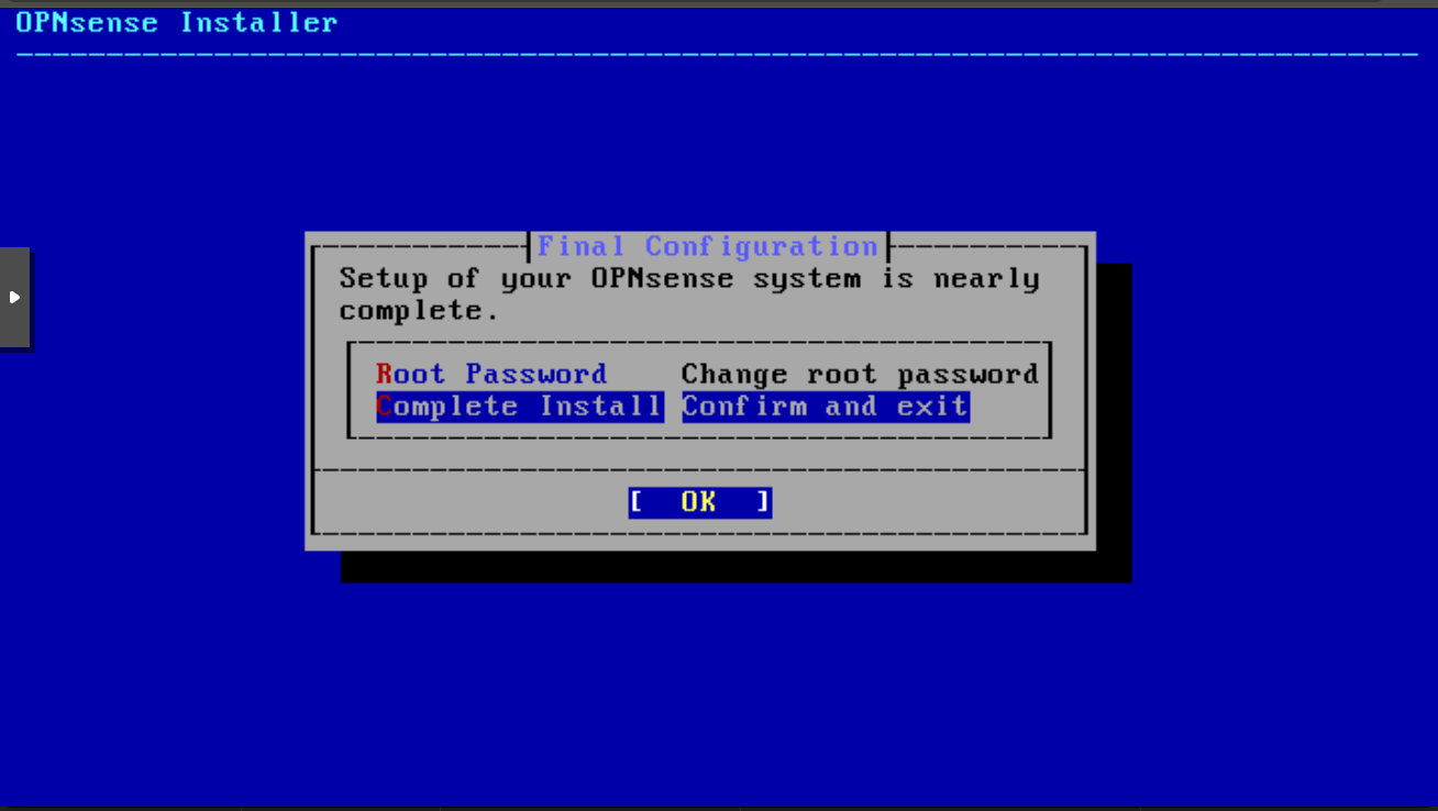 Menu de configuration finale avec l'option Complete Install sélectionnée