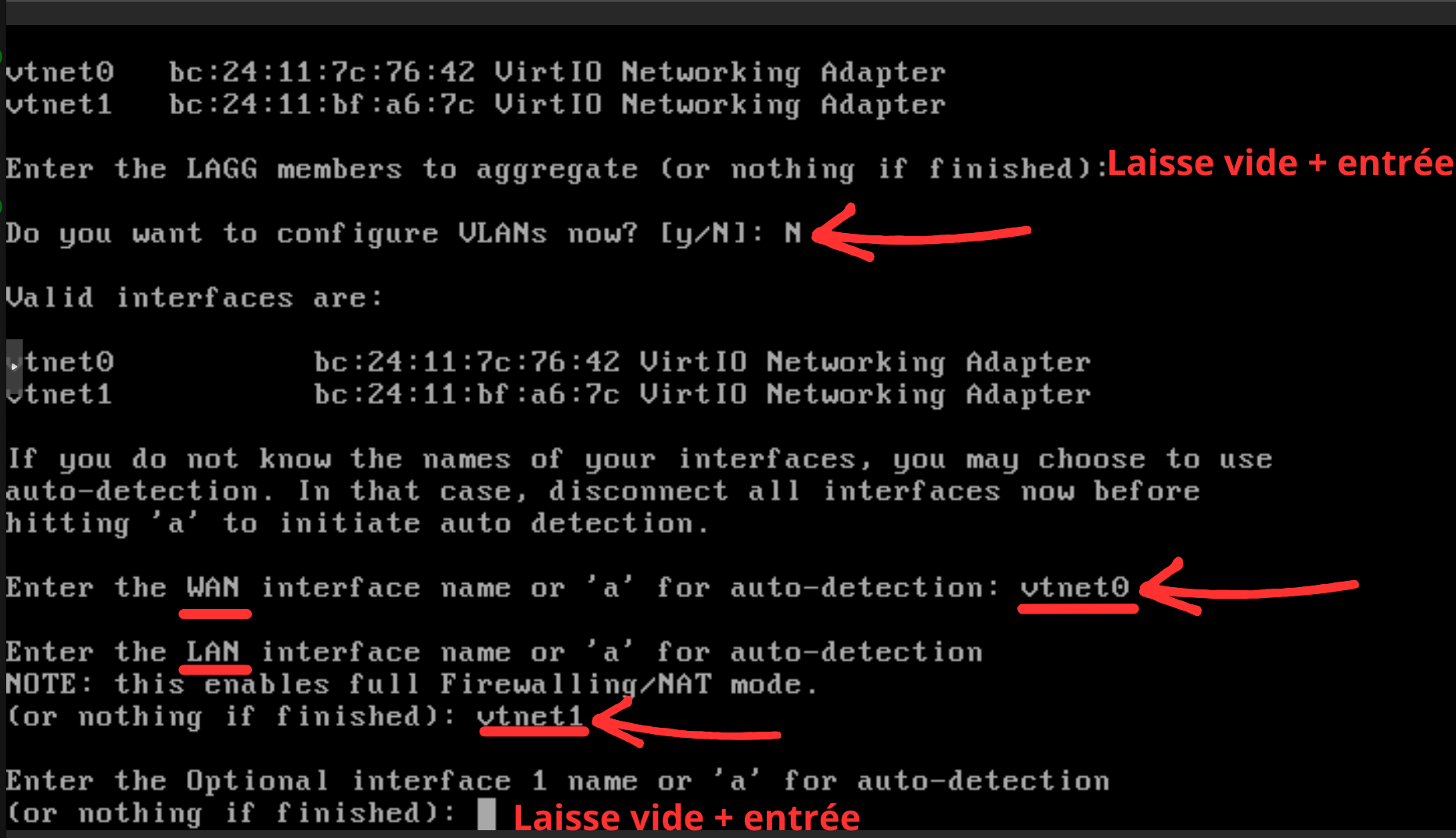 Console OPNsense refusant la configuration des VLAN et saisie des interfaces WAN et LAN