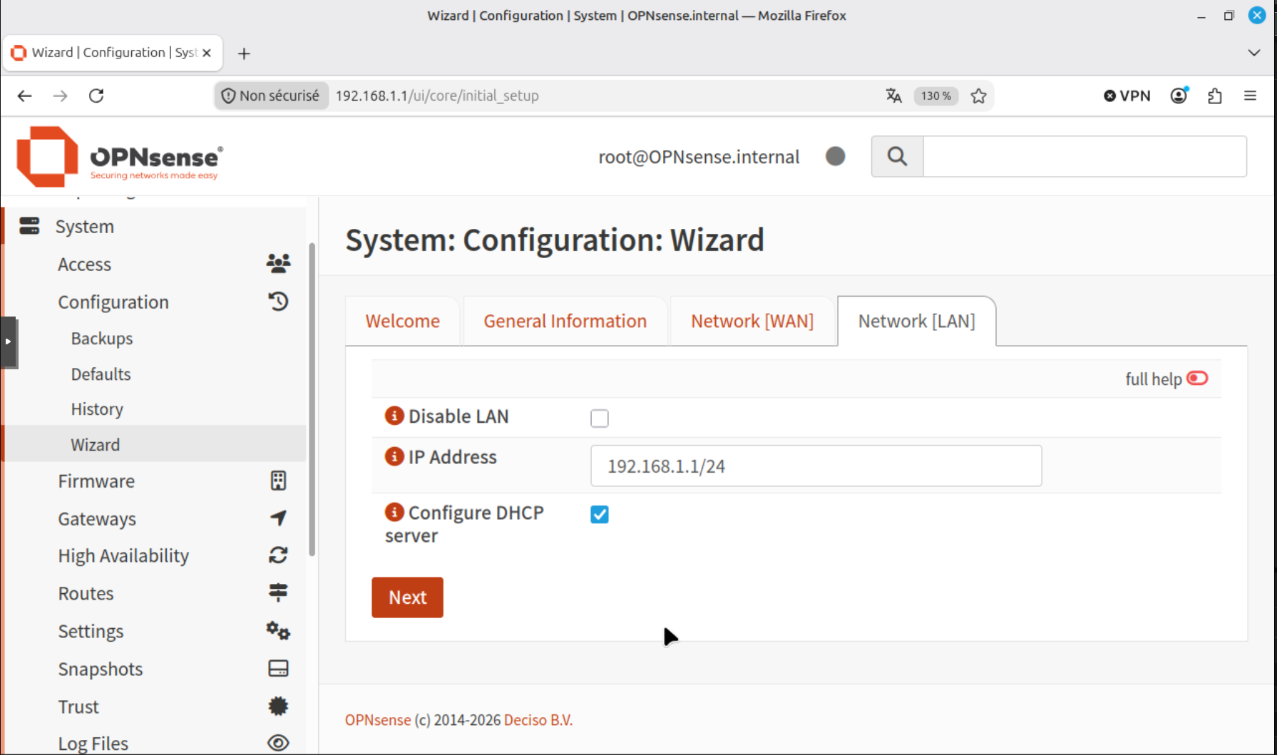 Onglet de configuration de l'interface LAN de l'assistant avec l'adresse par défaut et le serveur DHCP activé